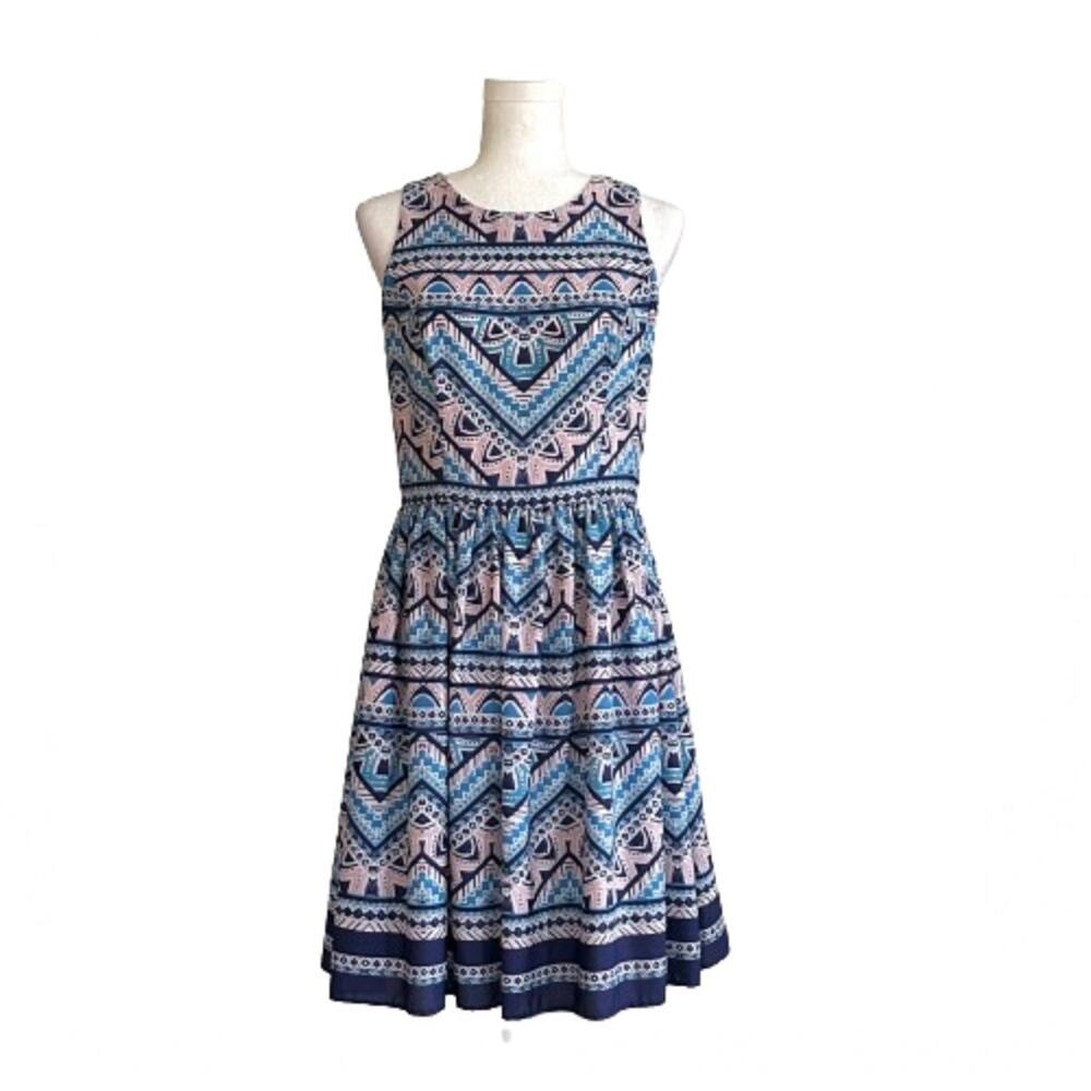 Eliza J Dress Blue Pink Patterned High Neck Sleeveless Pocket Fit Flare Size 6